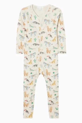 لباس قطعة واحدة بسحّاب ونقشة حيوانات