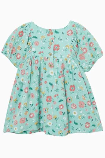Guava Floral Gathered Dress in Organic Cotton Muslin