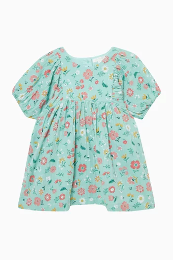 Guava Floral Gathered Dress in Organic Cotton Muslin