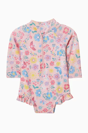 Bird-print Frilled One-piece Swimsuit