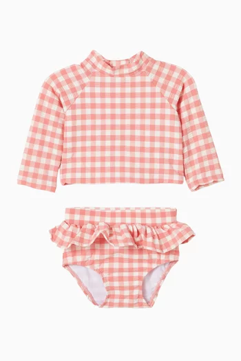 طقم سباحة بأكمام طويلة ونقشة غينغهام