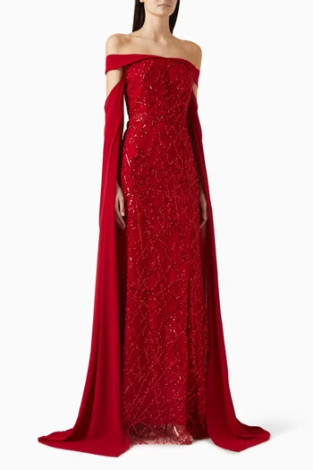 فستان سهرة بأكتاف مكشوفة مزين بتطريزات كريب وتول