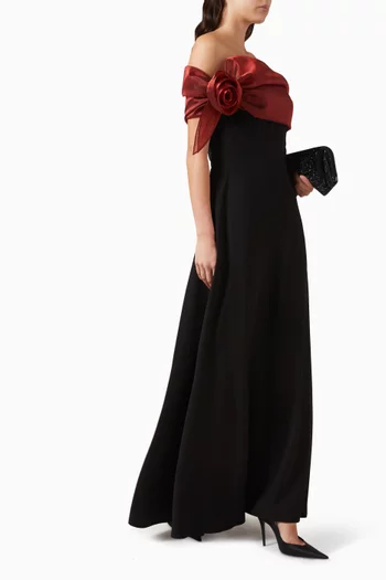 فستان سهرة بأكتاف مكشوفة كريب وأورجانزا