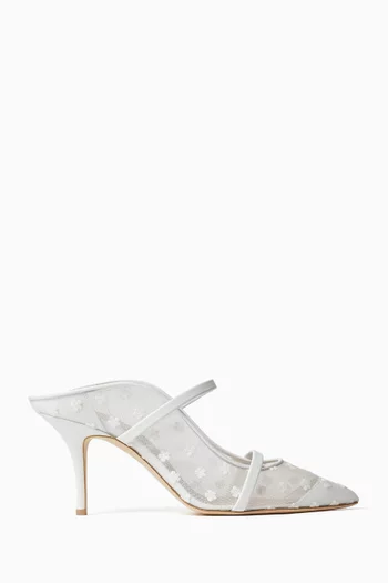 حذاء مورين مفتوح من الخلف ومطرز بنقشة زهور بكعب 70 مم قماش شبكي وجلد