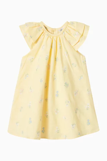 فستان بوني مطرز بزهور مزيج قطن وكتان