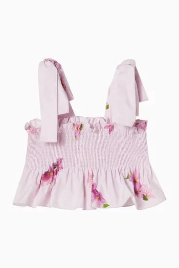 Lilac-print Shirred Top in Cotton