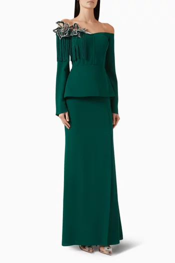 فستان زايرا بأكتاف مكشوفة وتطريزات كريب