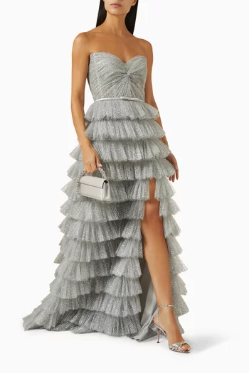 فستان سهرة اليكسندرا بطبقات متعددة تول مزين بالغليتر