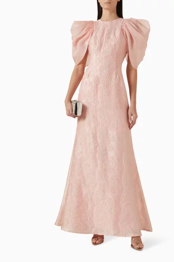 فستان سهرة بأكمام درابيه جاكار لامع بارز الملمس