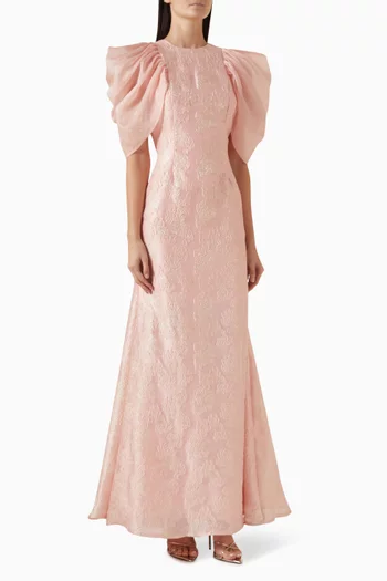 فستان سهرة بأكمام درابيه جاكار لامع بارز الملمس