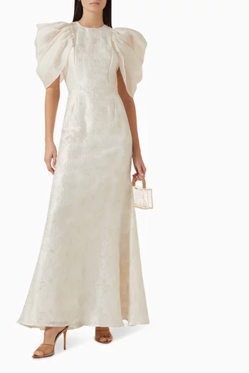 فستان سهرة بأكمام درابيه جاكار لامع بارز الملمس