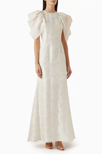 فستان سهرة بأكمام درابيه جاكار لامع بارز الملمس