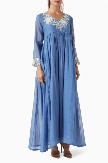 Iris Embroidered Maxi Dress in Cotton-silk