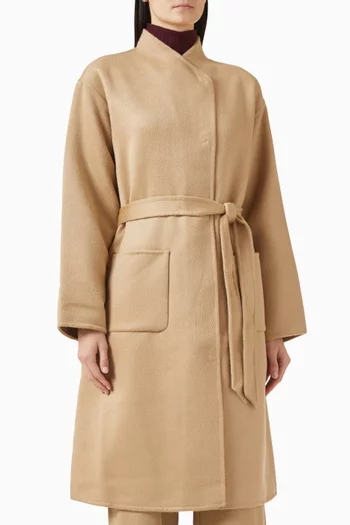High-collar Belted Coat in Wool