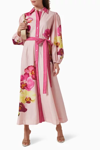 فستان لوسيل طويل بحزام مزيج قطن وكتان