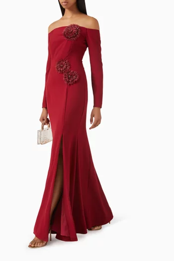 Off-shoulder Floral-appliqué Dress in Crepe