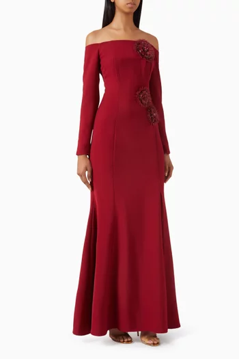 Off-shoulder Floral-appliqué Dress in Crepe