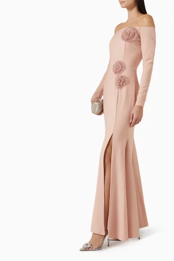 Off-shoulder Floral-appliqué Dress in Crepe