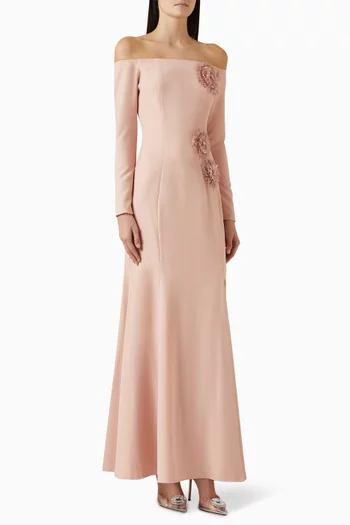 Off-shoulder Floral-appliqué Dress in Crepe