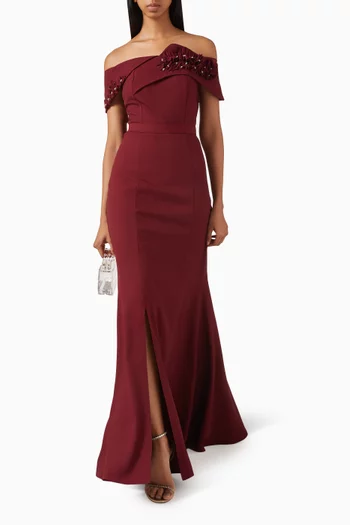 Off-shoulder Embellished Gown in Crepe