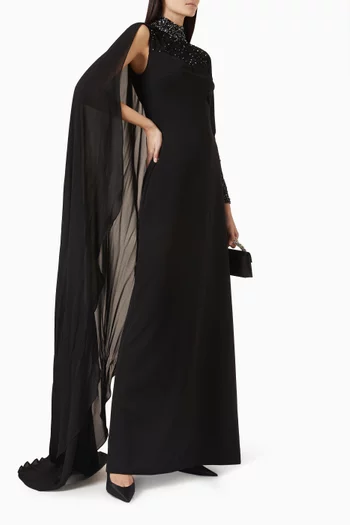Embellished Cape Gown in Knit Crepe & Chiffon