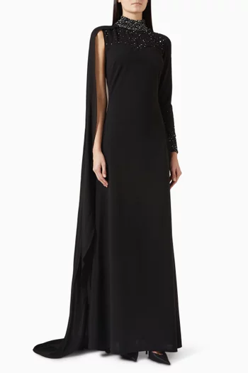 Embellished Cape Gown in Knit Crepe & Chiffon