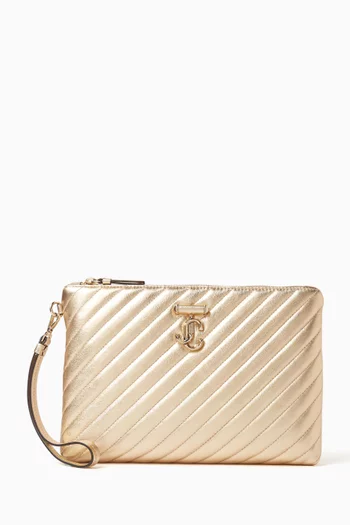 حقيبة صغيرة بسحّاب وشعار الماركة جلد