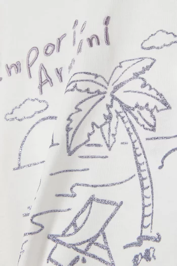 Beach-print Ruffled T-shirt in Cotton