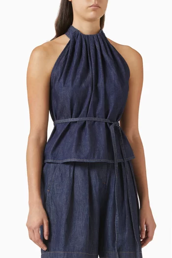 Gathered Neck Top in Denim