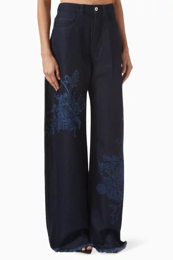 Flower Motif Boyfriend-fit Jeans in Denim