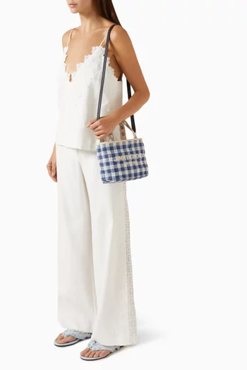 Beach Tote Bag in Gingham-printed Raffia