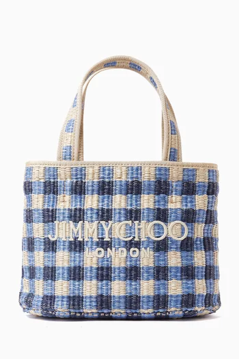 Beach Tote Bag in Gingham-printed Raffia