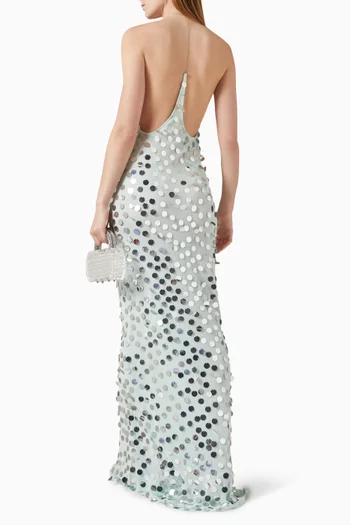 فستان طويل مزين بخرز عاكس للضوء