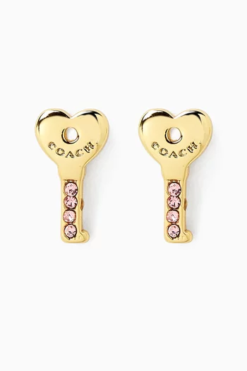 Heart Key Stud Earrings in Plated Brass