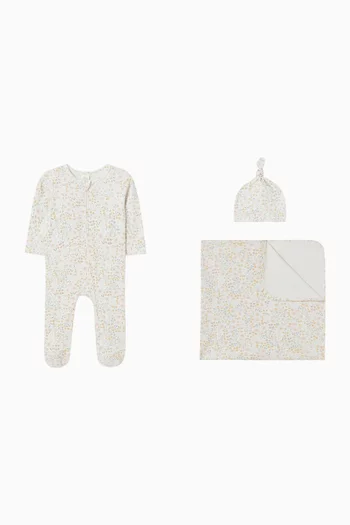 طقم هدايا بنقشة زهور قطن عضوي، 3 قطع 