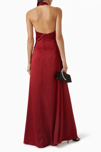 فستان بحمالة حول الرقبة وزهور بارزة ستان