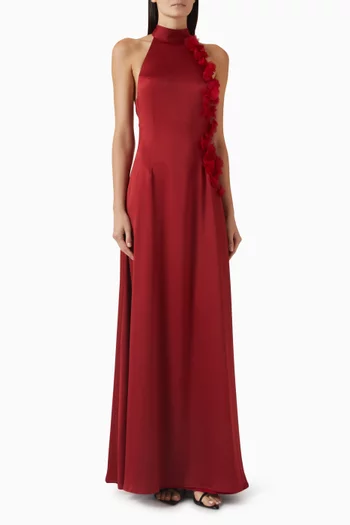 فستان بحمالة حول الرقبة وزهور بارزة ستان