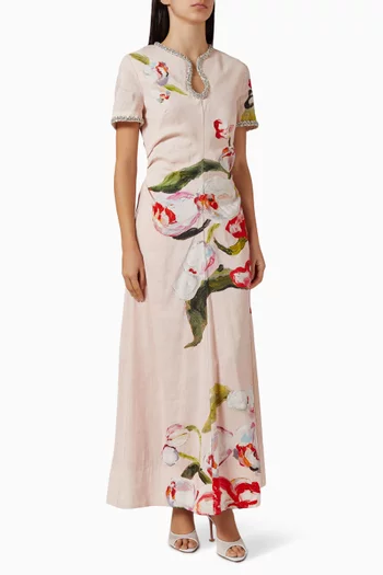 Yeoford Embellished Dress in Linen Blend