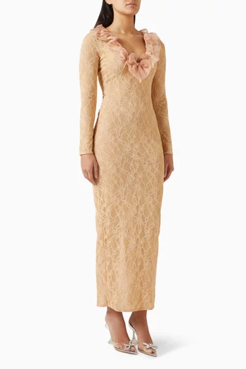 Organza Ruffle Evening Dress in Stretch-lace