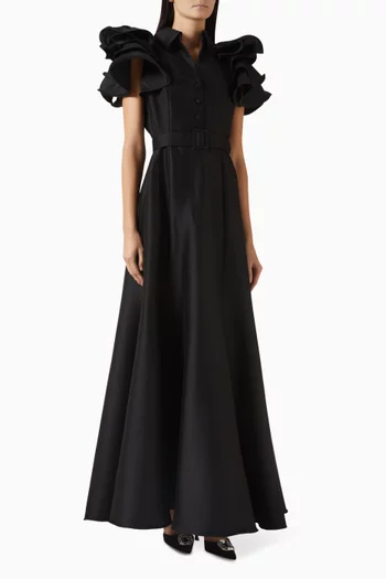 فستان سهرة بقصة على شكل حرف A‏ بكشكش قماش ميكادو