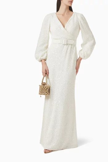 فستان سهرة بحزام وتطريزات بالترتر