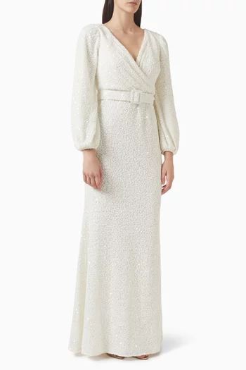 فستان سهرة بحزام وتطريزات بالترتر