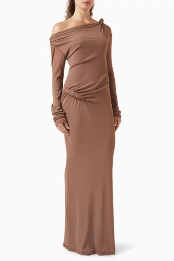 فستان  بكشكش على شكل كرواسون وفتحة رقبة غير متماثلة