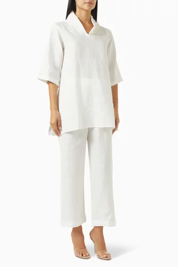 Pearl-embellished Top & Pants Set in Linen