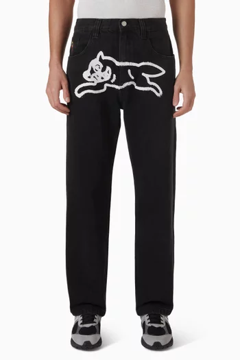 بنطال جينز بطبعة كلب يجري بطلاء بخاخ دينم