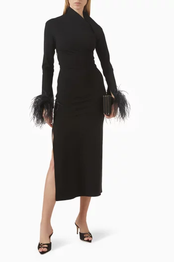 Yola Feather-trim Dress in Punto Milano Fabric