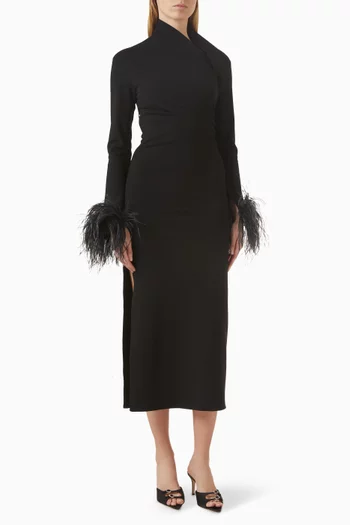 Yola Feather-trim Dress in Punto Milano Fabric