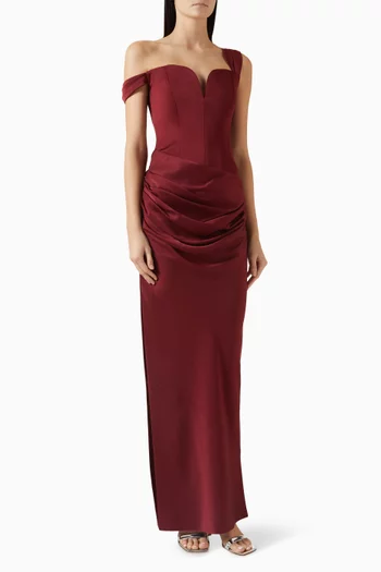 Off-shoulder Draped Column Maxi Dress in Satin Crepe