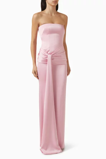 Strapless Draped Sash Maxi Dress in Satin Crepe