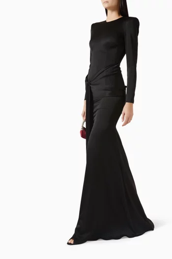 Long-sleeve Draped Gown in Satin Crepe